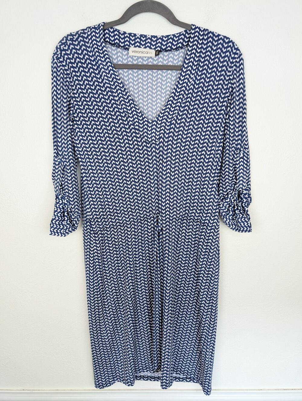 Veronica M Midi Dress Chevron Tied Vacation Tropical Beach Blue White Size XS